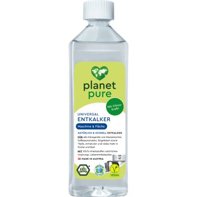Achterzijde van de Planet Pure Bio Ontkalker fles met relevante beschrijvingen voor gebruik