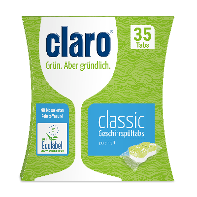 claro classic vaatwastabletten in groene kartonnen verpakking met EcoLabel logo
