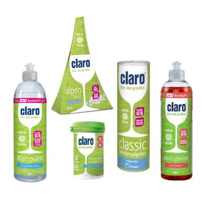 Presentatie van de verschillende claro producten in de claro Poederpakket voor Schone Vaat