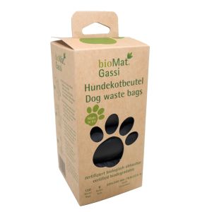 Gecertificeerde composteerbare hondenpoepzakjes van bioMat. 120 zakjes in een handige doos.