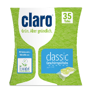 claro classic vaatwastabletten in groene kartonnen verpakking met EcoLabel logo